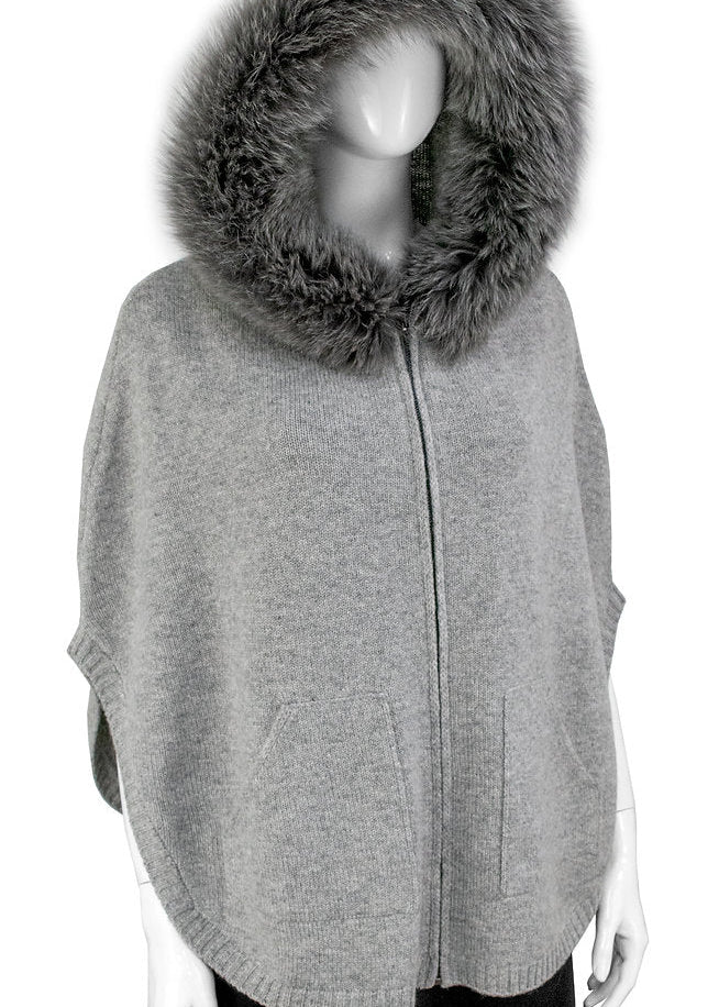 Knit Zip Up Poncho With Fur Hood [Gray-POYU17]