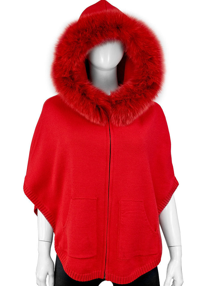 Knit Zip Up Poncho With Fur Hood [Red-POYU17]