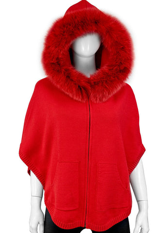 Knit Zip Up Poncho With Fur Hood [Red-POYU17]