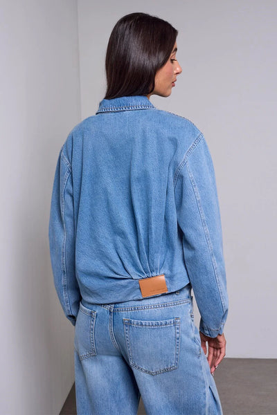 Bubble Denim Jacket W Back Pleats Detail [Oxford Blue-6313O]