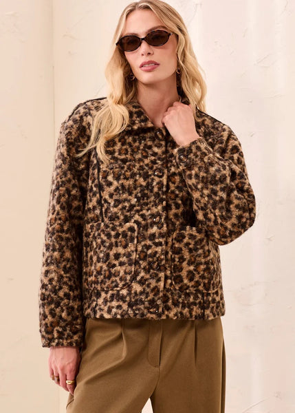 BOUCLE BUTTON FRONT ANIMAL PRINT JACKET [Hickory-2370O]