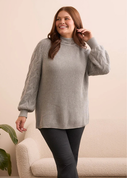 Long Sleeve Cable Mock Sweater [Gray-2256O]