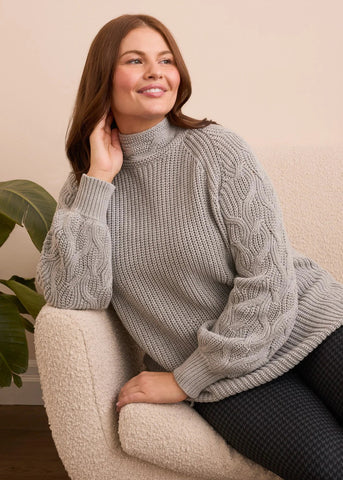 Long Sleeve Cable Mock Sweater [Gray-2256O]