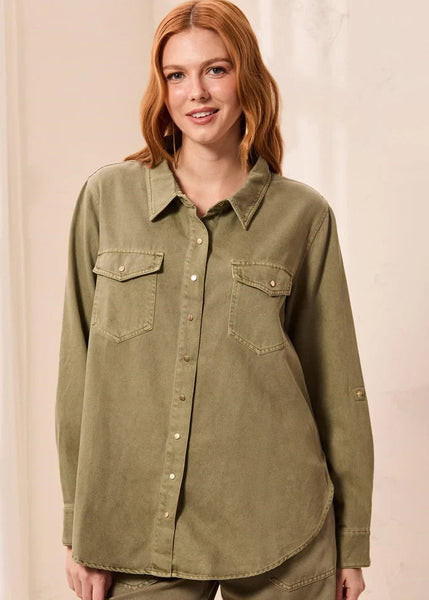 Classic Denim Shirt Roll Up Sleeves [Olive Stone-6103O]