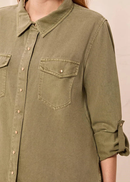 Classic Denim Shirt Roll Up Sleeves [Olive Stone-6103O]