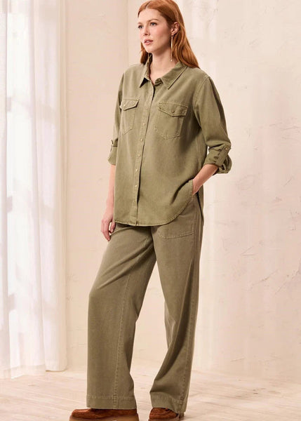 Classic Denim Shirt Roll Up Sleeves [Olive Stone-6103O]