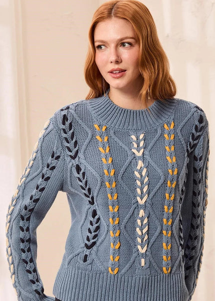 Long Sleeve Mock Neck With Cables [Blue Fog-3129O]
