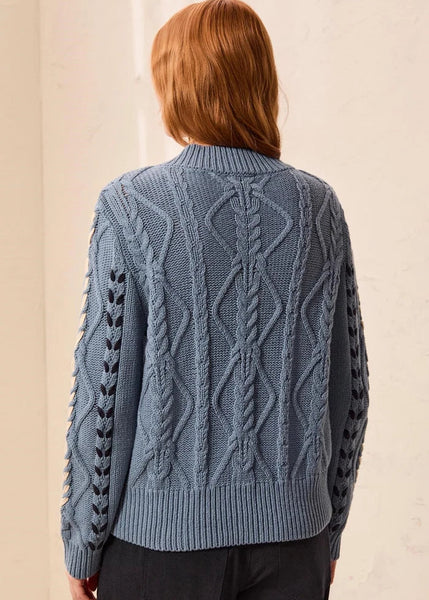 Long Sleeve Mock Neck With Cables [Blue Fog-3129O]