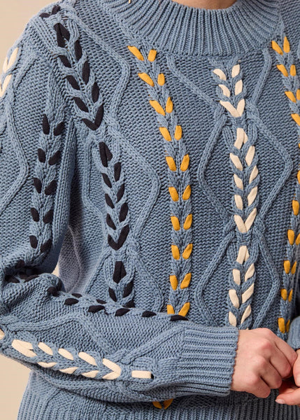 Long Sleeve Mock Neck With Cables [Blue Fog-3129O]