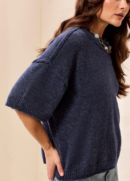 Lofty Elbow Sleeve Crew Neck Sweater [H. Nightfall-6278O]