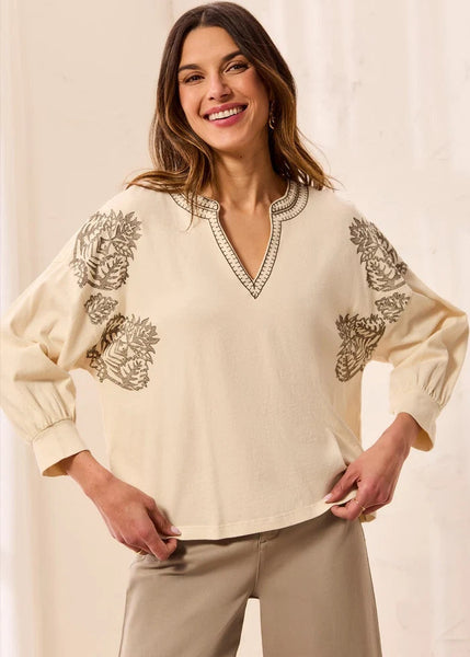 3/4 Sleeve Notch Collar Top [Moonstone-3157O]