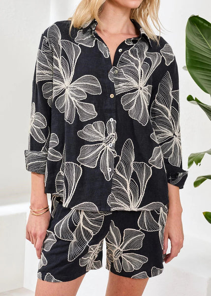 Long Sleeve Button Front Blouse [Black-3001O]