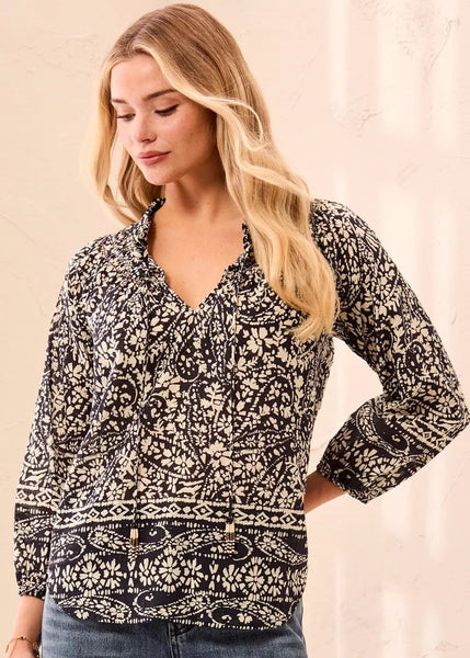 Blouse With Embroidery and Tassle [Black/White-6341O]