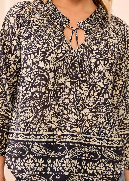 Blouse With Embroidery and Tassle [Black/White-6341O]