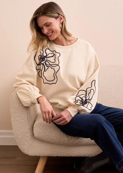 LS Crewneck Top W Embroidery [Moonstone-2337O]