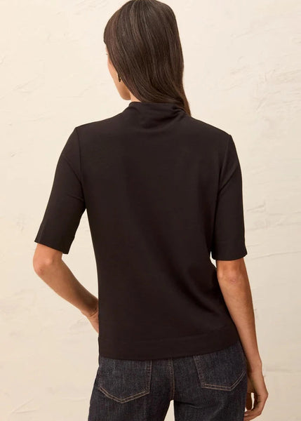 Funnel Neck Elbow Sleeve Knit Top [Black-6300O]
