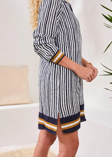 Rolled Long Sleeve Button Front Shirt Dress [Dark Abyss-2421O]