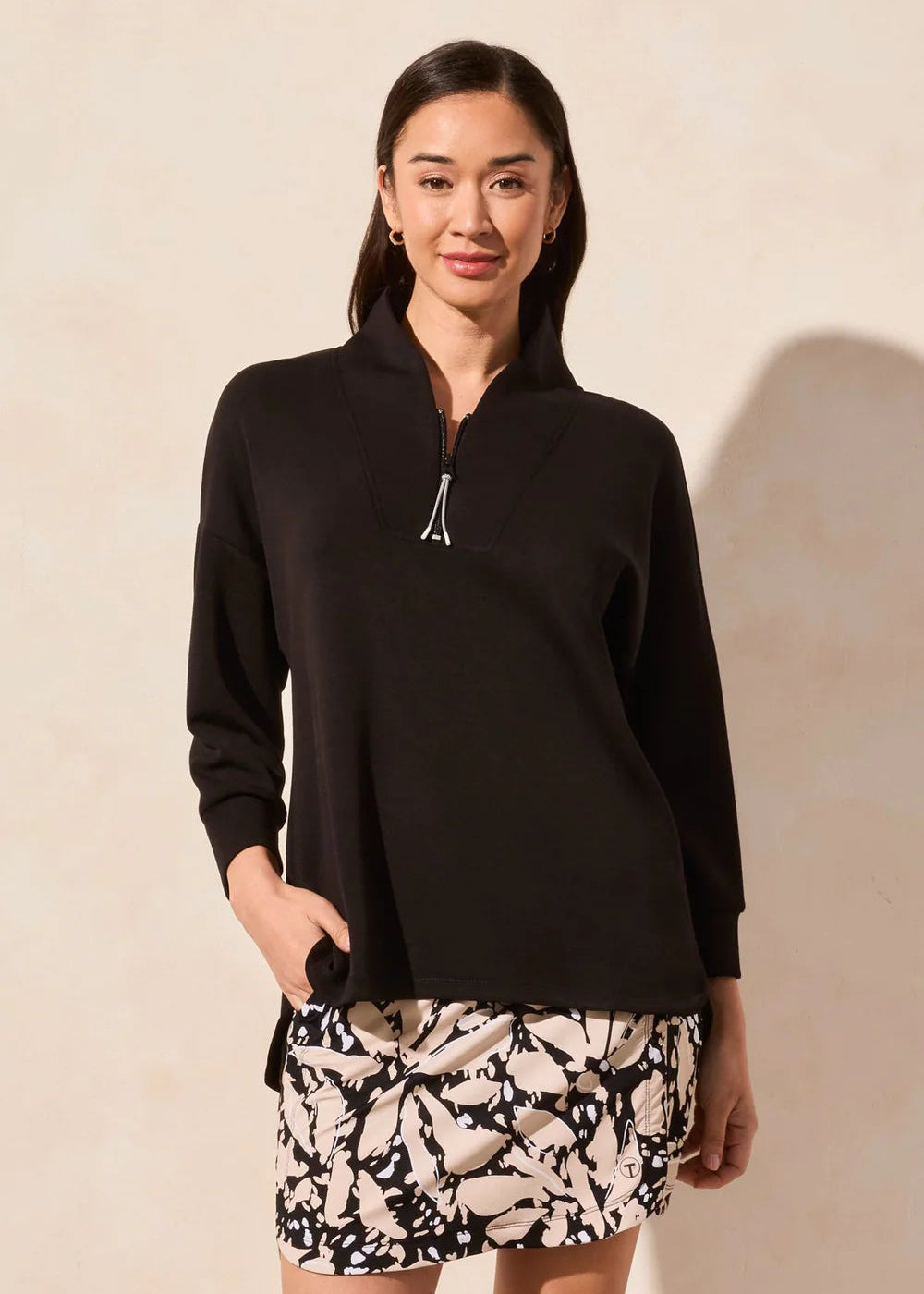 3/4 Sleeve Top Zipper [Black-2040O]