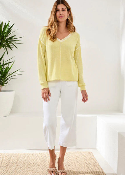 LS V-Neck Sweater W Special Wash Effect [Lemongrass-5394O]