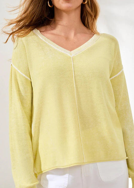 LS V-Neck Sweater W Special Wash Effect [Lemongrass-5394O]