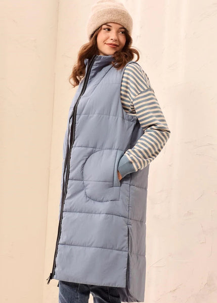 Zip front Quilted Long Vest [Blue Fog-2314O]