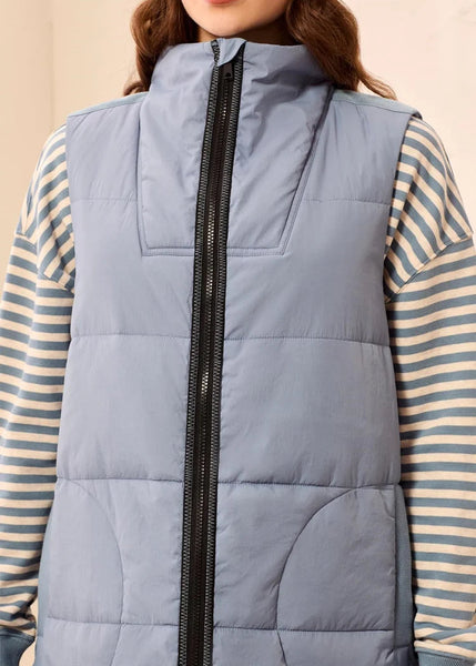 Zip front Quilted Long Vest [Blue Fog-2314O]