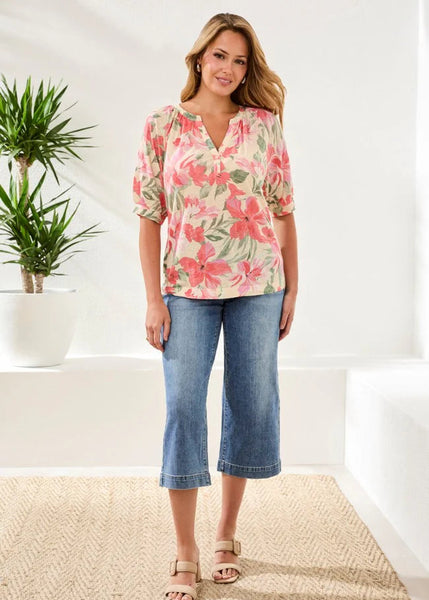 Elbow Sleeve Henley Top [Canvas-3035O]