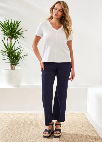 S/S V-Neck Top W Rib Combo [White-3052O]