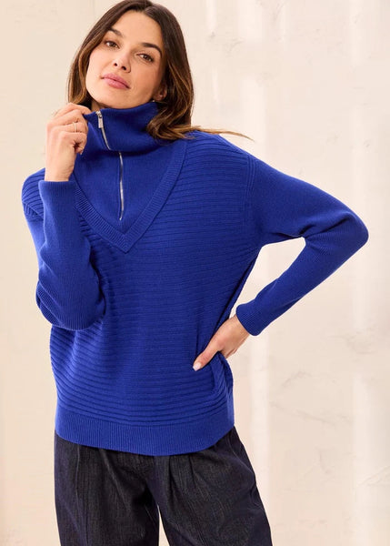 Zip Up Vneck Sweater [Electirc Blue-6028O]