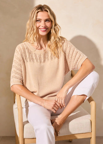 Short Sleeve Fancy Stitch Sweater [Soft Tan-5733O]
