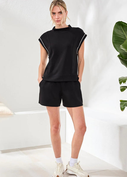 Mock Neck Top Contrast Piping [Black-2446O]