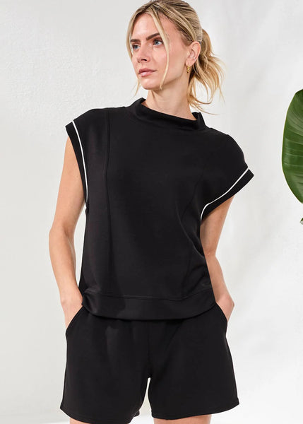 Mock Neck Top Contrast Piping [Black-2446O]
