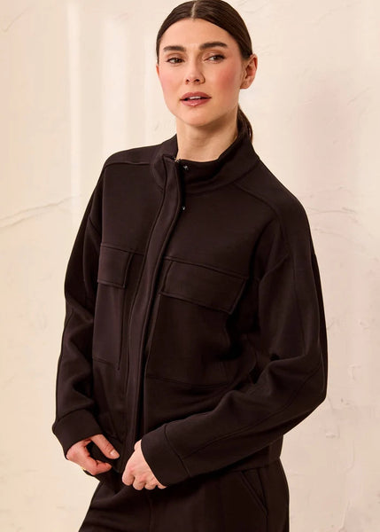 Long Sleeve Mock Neck Cardigan W Pockets [Black-3145O]