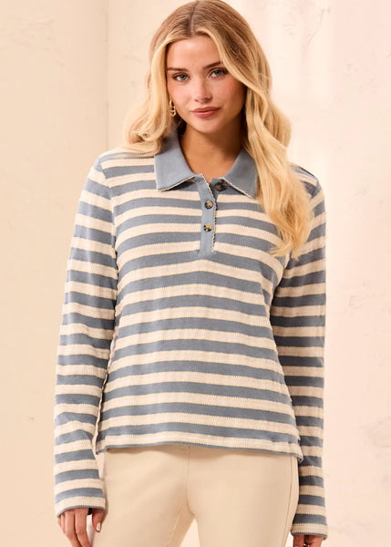 Long Sleeve Polo With Whip Stitch [Blue Fog-3225O]