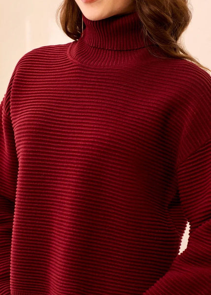 T-Neck High Low Sweater [Cherry Lacquer-5933O]