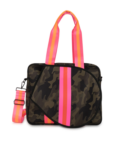 Haute Shore Billie Tennis Bag in Showoff Colorway Green Camo with Hot pink and Neon orange detailing