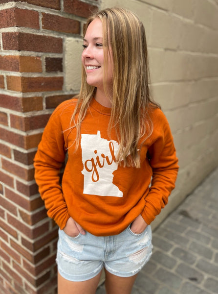 Autumn burnt orange color MN girl crewneck sweatshirt