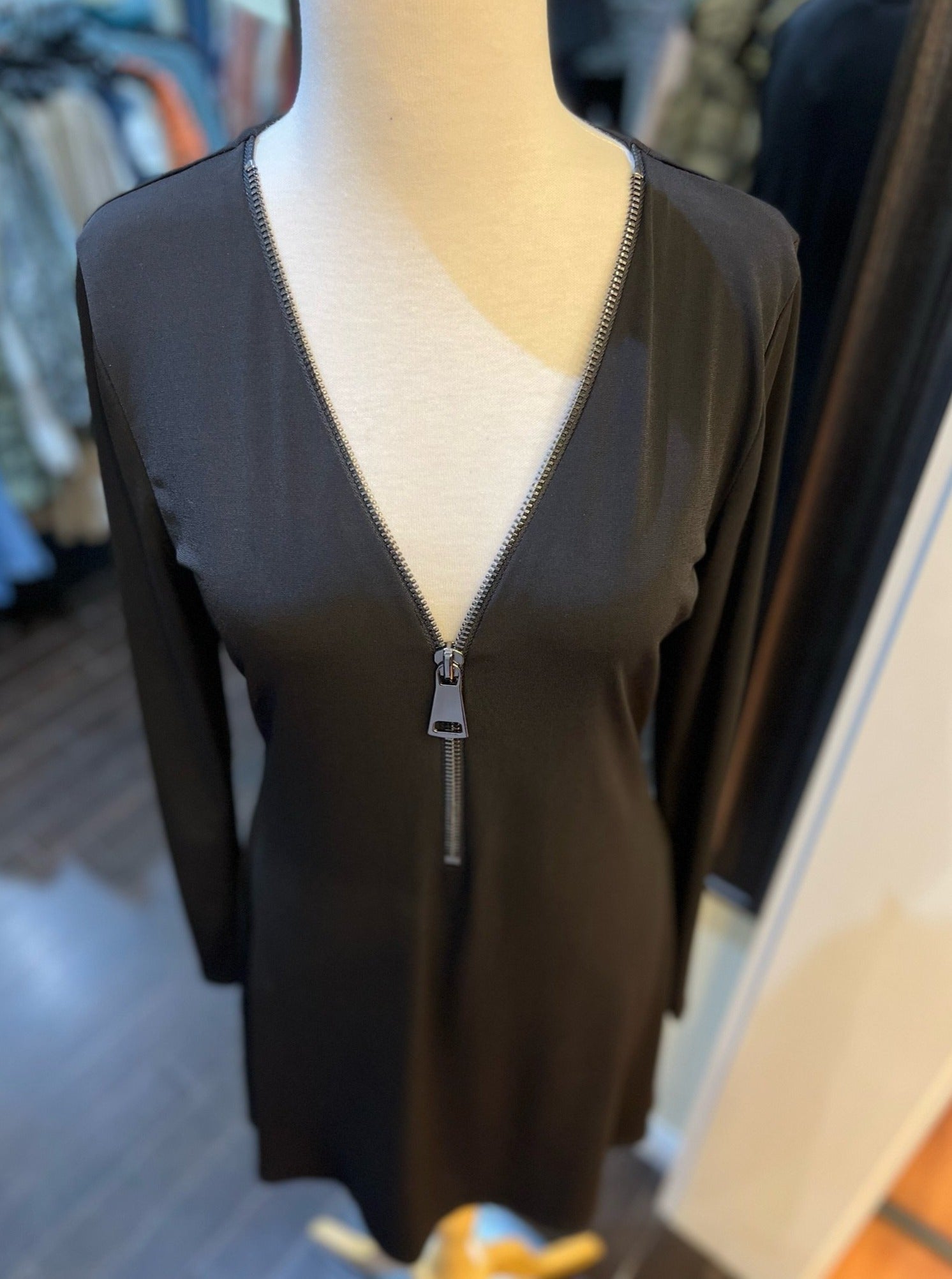 black long sleeve zipper dress Zip Back Deep V Long Sleeve Cocktail Party Midi Dress