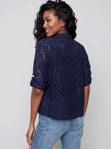 Long Sleeve Eyelet Button Down Front Tie Blouse [Marine-C4467]