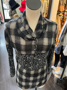 Pure by Urbanology Grey Mix Tunic cowl neck with plaid and animal prints 405-4503 in grey