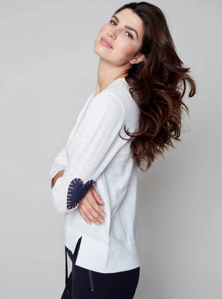 3/4 Sleeves Crew Neck Embroidered Hearts Sweater [Natural-C2484]