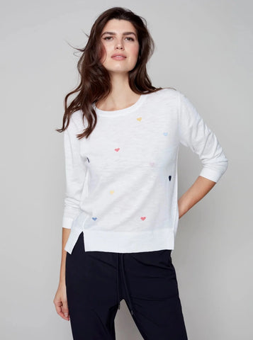 3/4 Sleeves Crew Neck Embroidered Hearts Sweater [Natural-C2484]