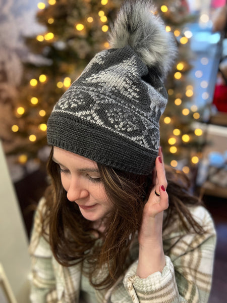 Knit Reindeer Winter Beanie with Pom in Ivory