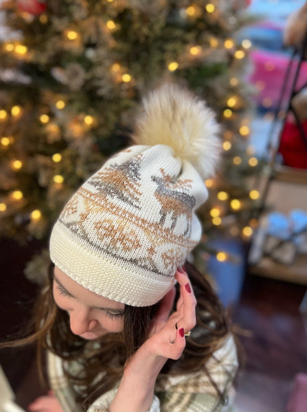 Knit Reindeer Winter Beanie with Pom in Ivory