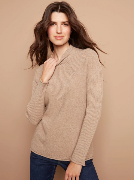 C2273R-736A-364 Charlie B Funnel Neck Sweater in H Latte