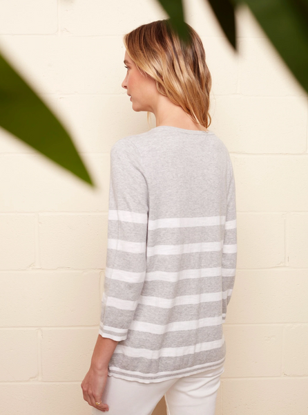 CharlieB 3/4 Sleeve Crew Neck Stripe Sweater With Embroidery [White/Grey-C2403]