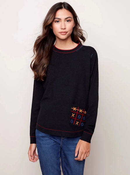 CharlieB Crew Neck Sweater with Pocket and Embroidery Detail [Black-C2474]