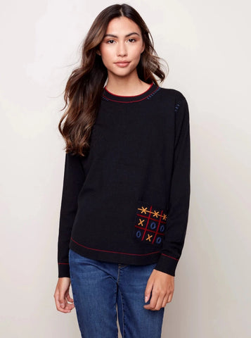 CharlieB Crew Neck Sweater with Pocket and Embroidery Detail [Black-C2474]