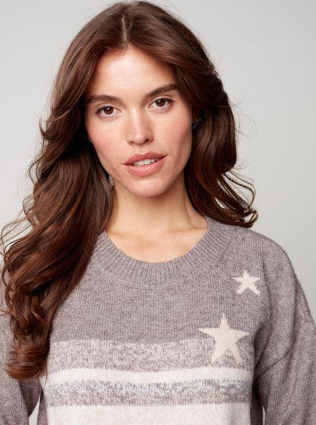 CharlieB Drop Shoulder Crew Neck Sweater Heather and Stars Design [Shell-C2446]