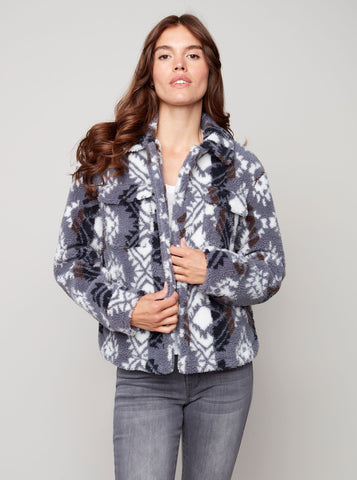 CharlieB Printed Sherpa Button Front Short Knit Jacket [Charcoal-C6227]
